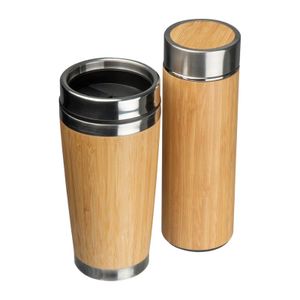 Set consisting of a double-walled bamboo drinking cup (400ml) and a double-walled-vacuum bamboo drinking bottle (350ml). This set is delivered in a single box. Your logo will be lasered onto both drinking vessels.