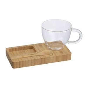bamboo tray with spoon and glass mug